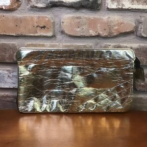 VINTAGE Woman's Metallic Gold YKK Zip Clutch Bag Purse Handbag